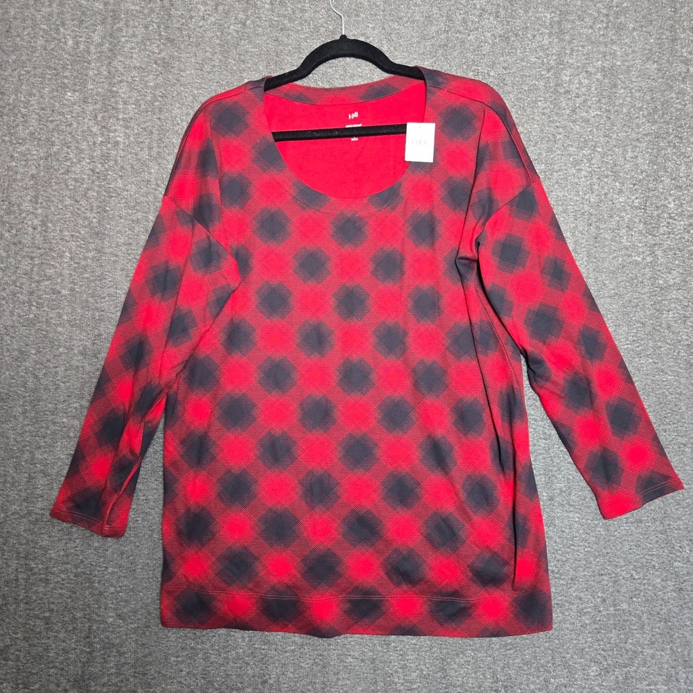 J Jill Tunic Top Large Petite Red Black Buffalo Plaid Supima Cotton Scoop Neck